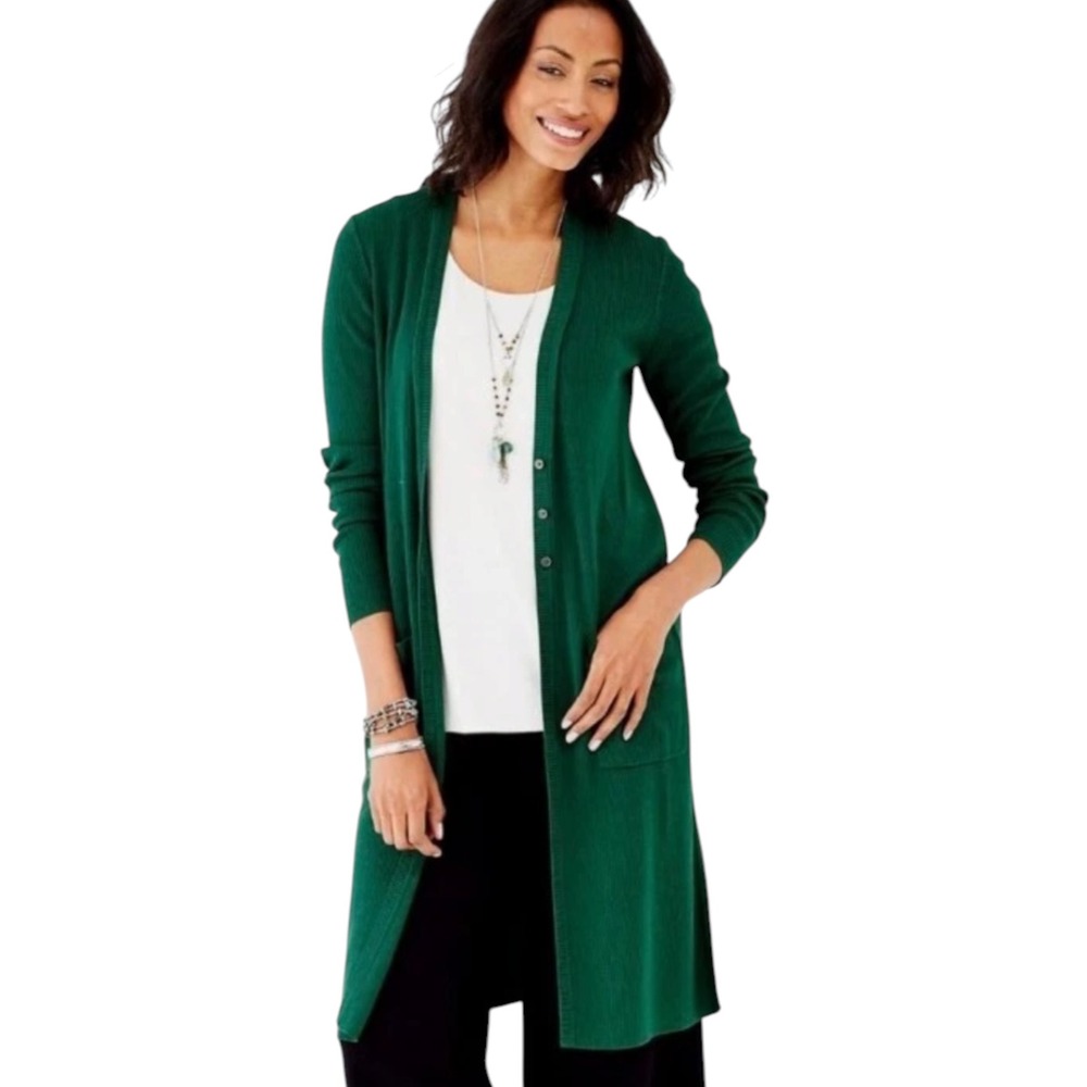 J. Jill Green Silk Blend Ribbed Longline Cardigan Sweater Pockets 2X SSW084454